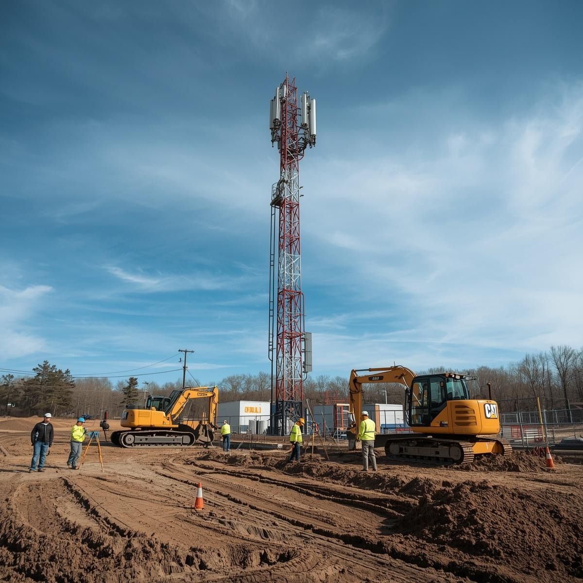 Construction site with workers, heavy machinery, and a tall red-and-white cell tower under a blue sky