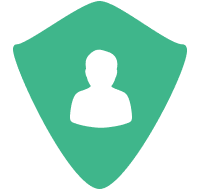 White silhouette of a person in a green shield.