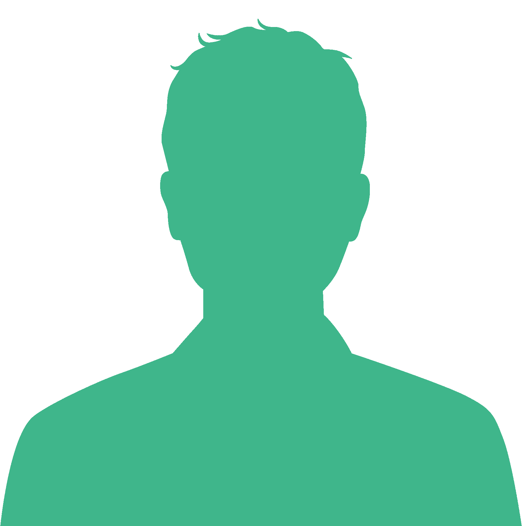 Green silhouette of a person, likely a male, facing forward, with short hair and a collared shirt.