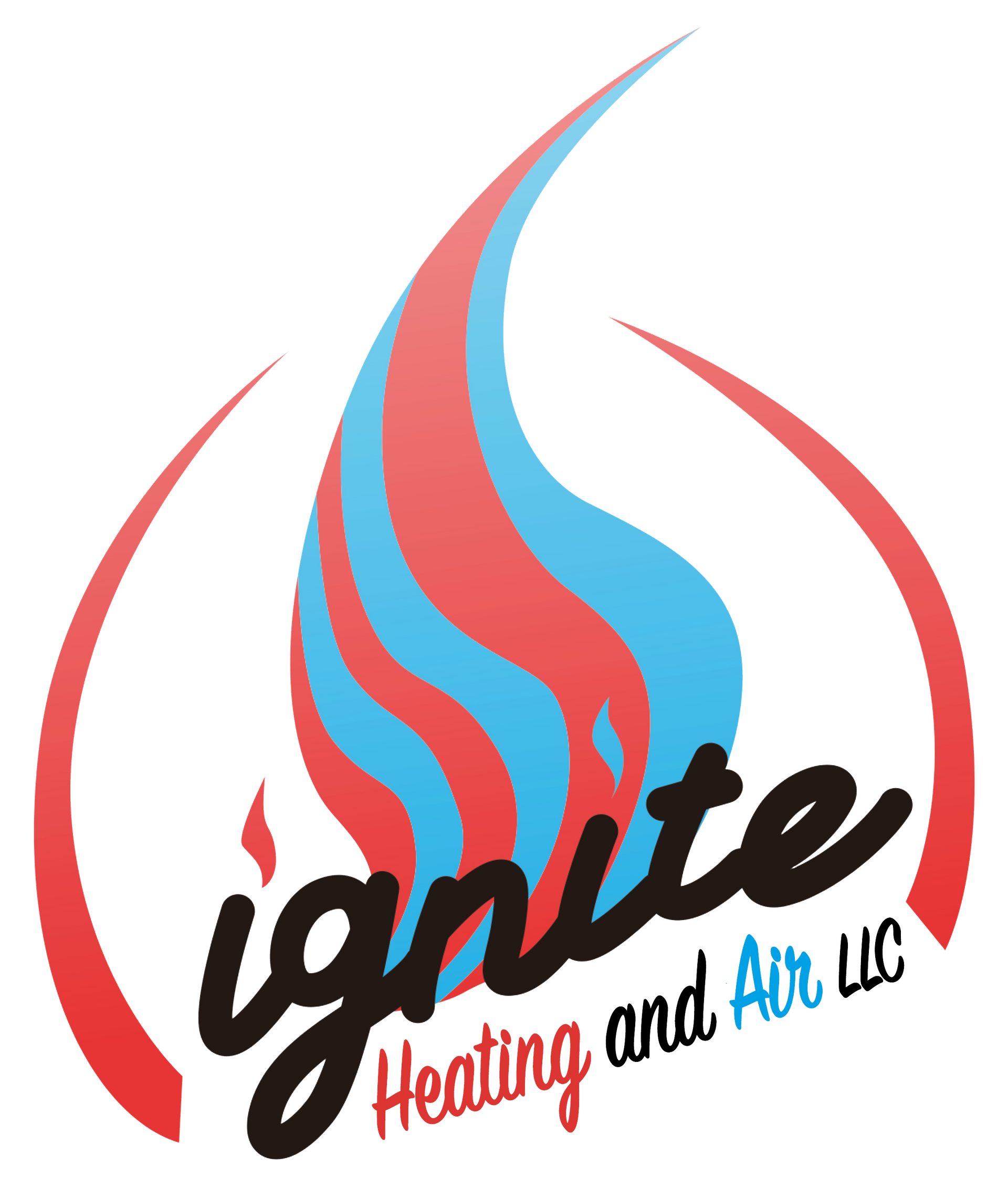 Ignite Heating and Air LLC logo with red and blue flame and black script text