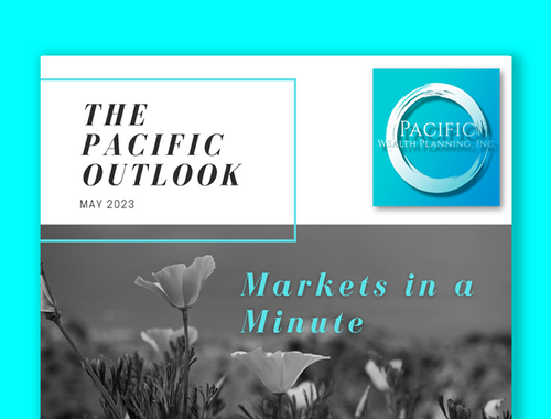 The Pacific Outlook May 2023 cover with turquoise logo and “Markets in a Minute” over a grayscale flower scene