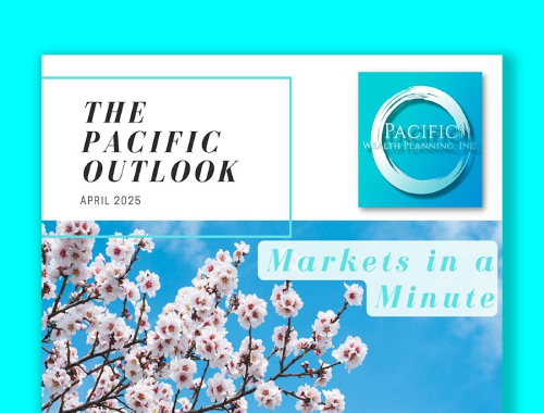 Pacific Outlook newsletter cover with cherry blossoms and “Markets in a Minute” on a blue background