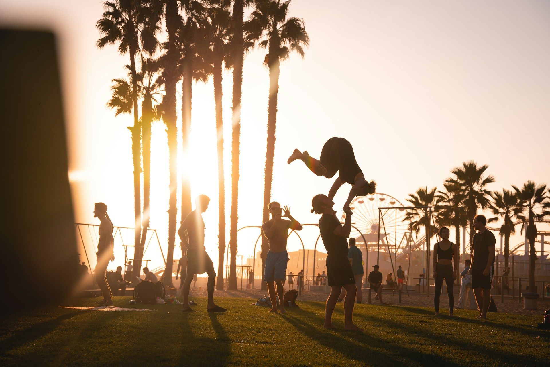 Sunset at a park with palm trees, silhouettes of people playing volleyball, and one person mid-jump catching a ball