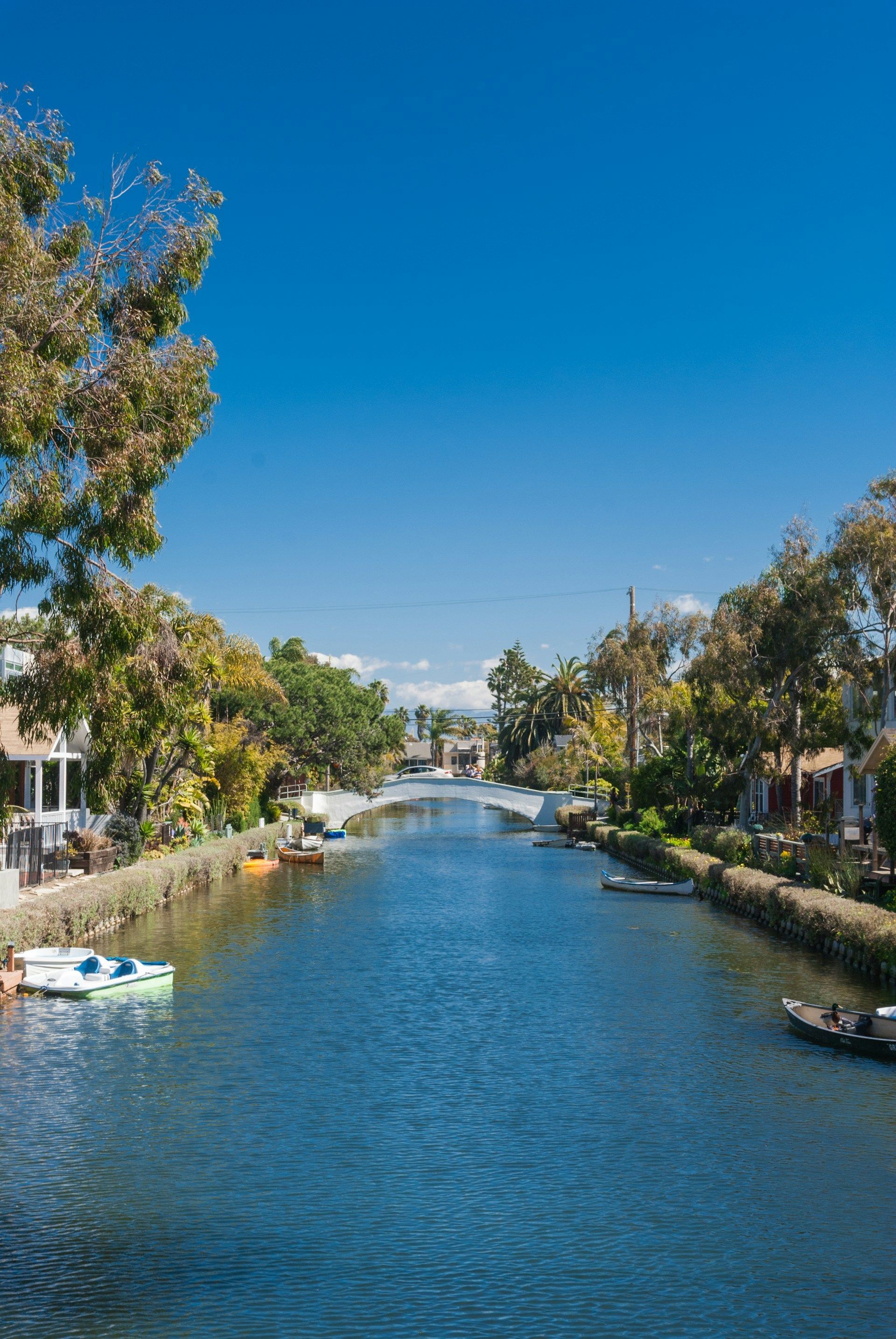Canal lined with trees and houses under a clear blue sky, with small boats on calm water