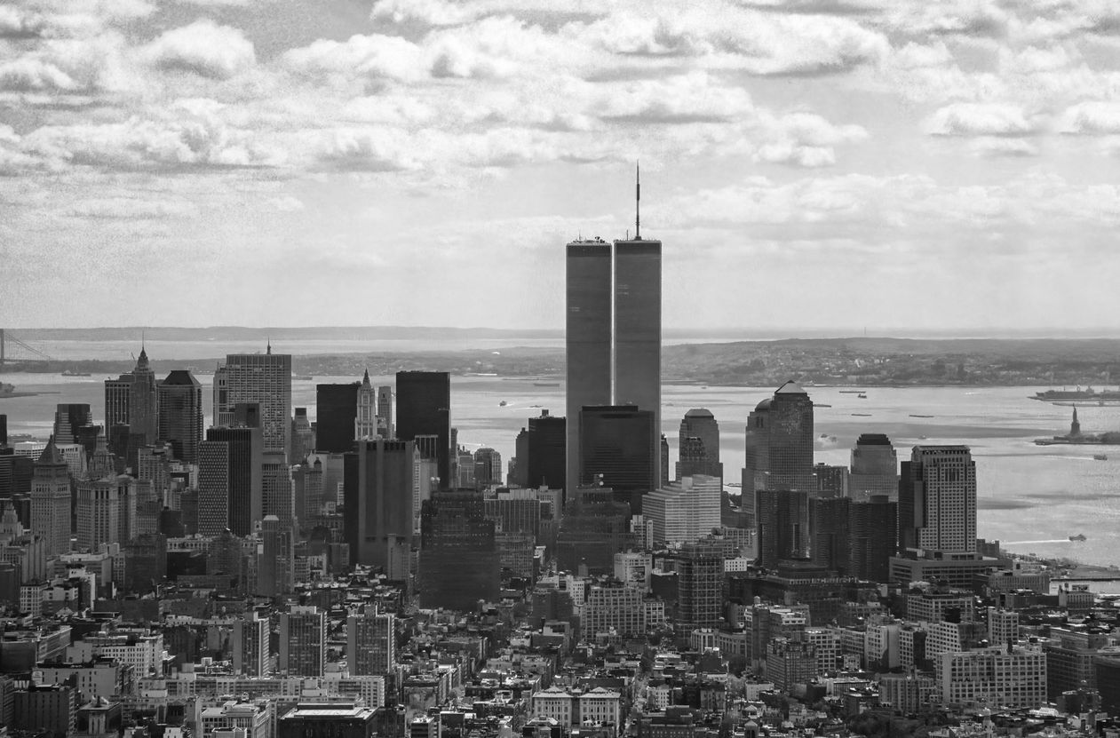 Black and white photo of the World Trade Center Twin Towers in New York City