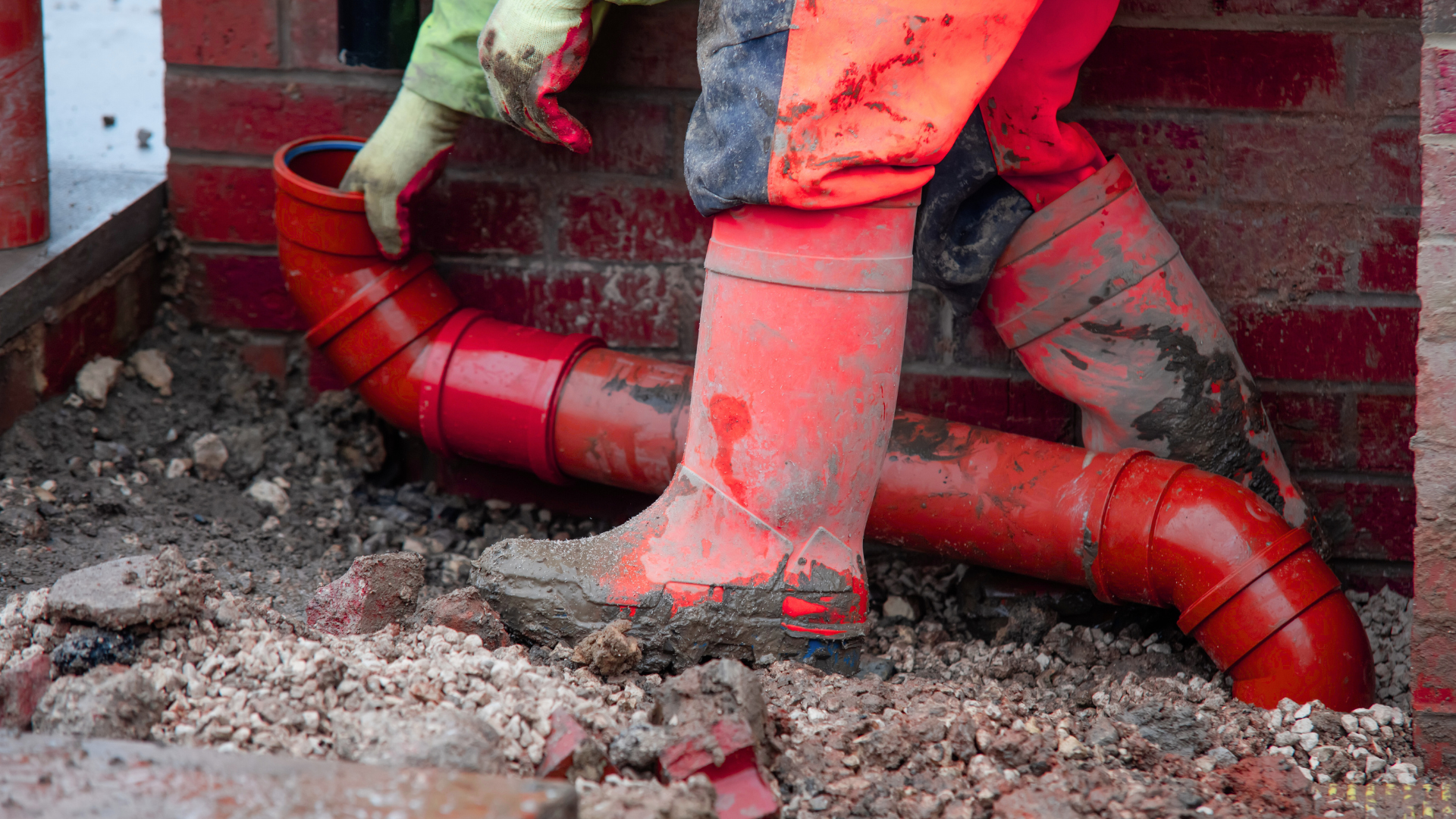 A person wearing orange boots is standing next to a red pipe.
