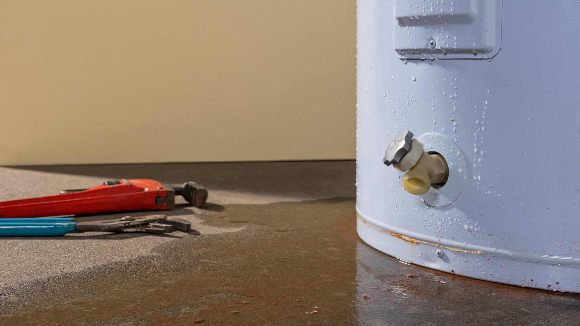 A water heater is sitting on the floor next to a pair of wrenches.