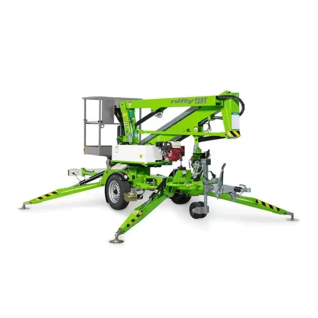 Green articulating boom lift with outriggers on a white background