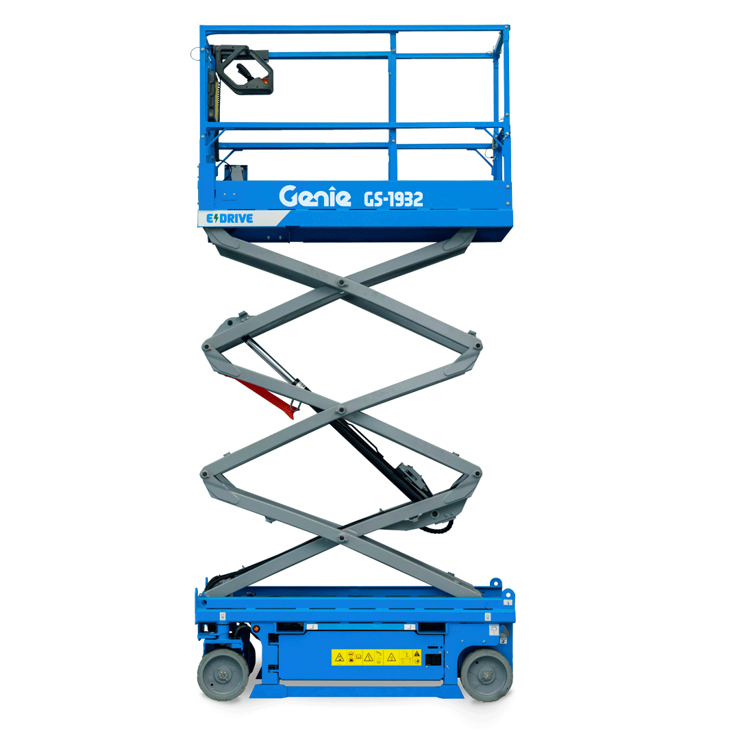Blue Genie scissor lift raised to full height on white background