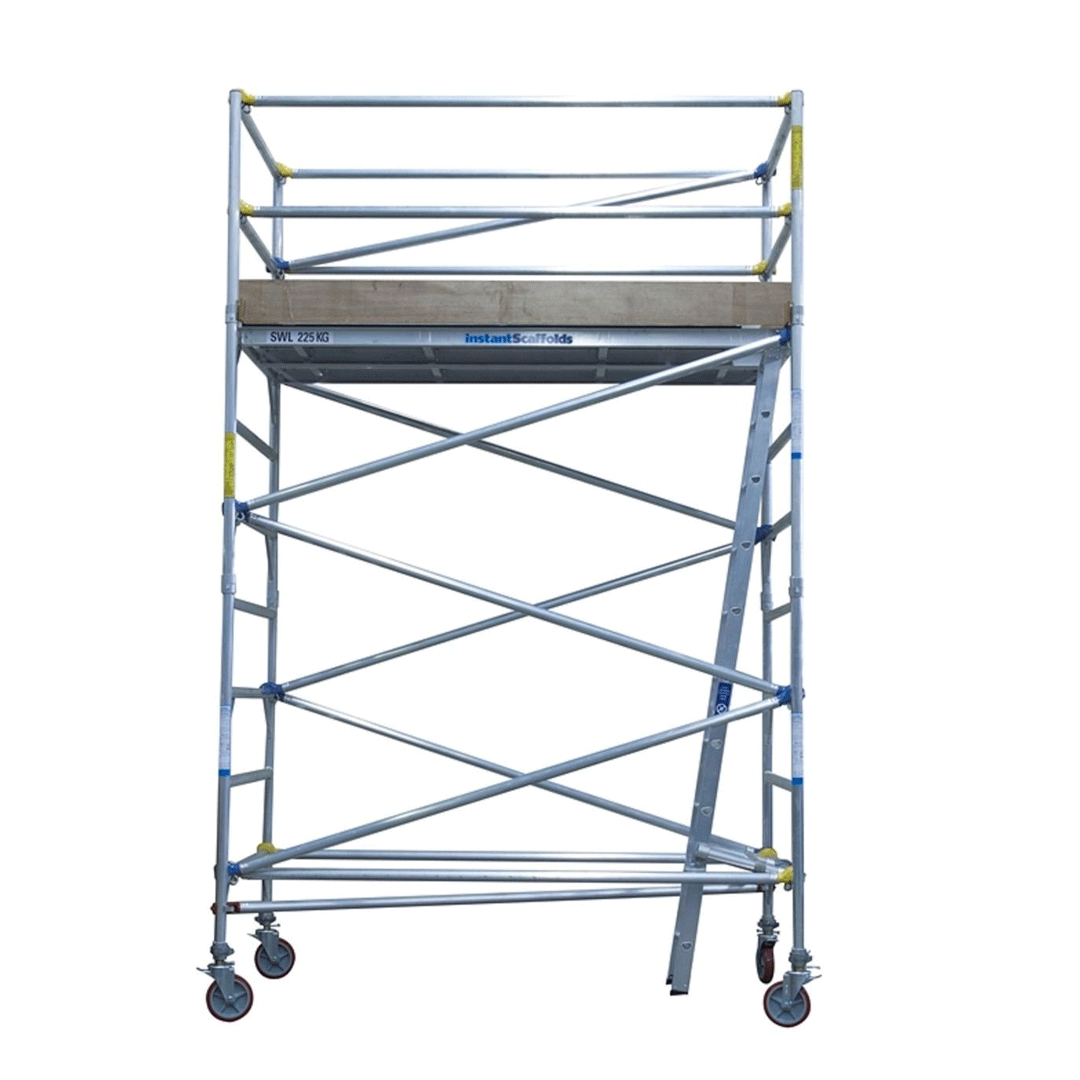 Gray mobile scaffold tower with wheels and guardrails, isolated on white background