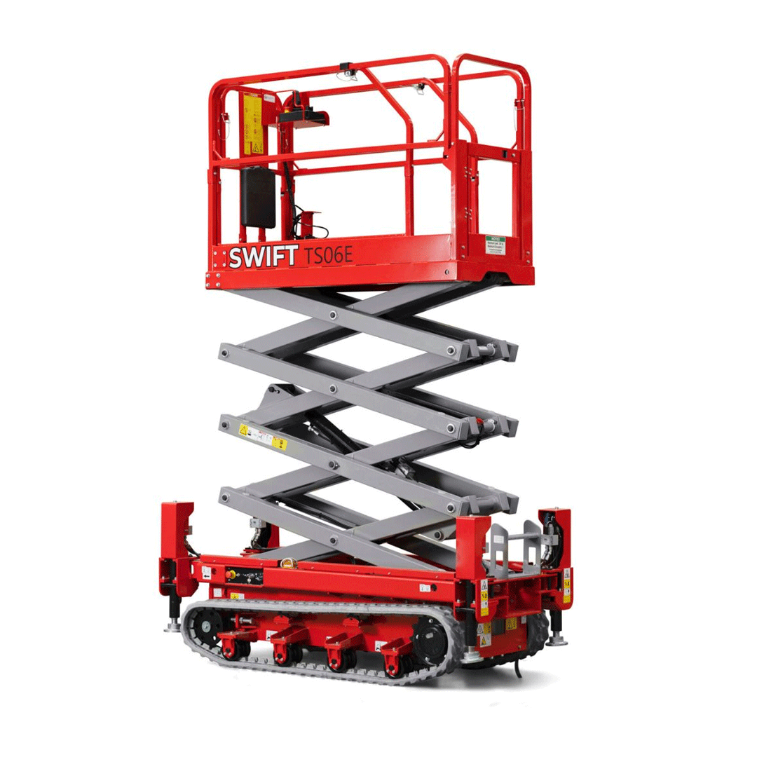 Red scissor lift platform with red rails and gray zigzag hydraulic arms on a white background