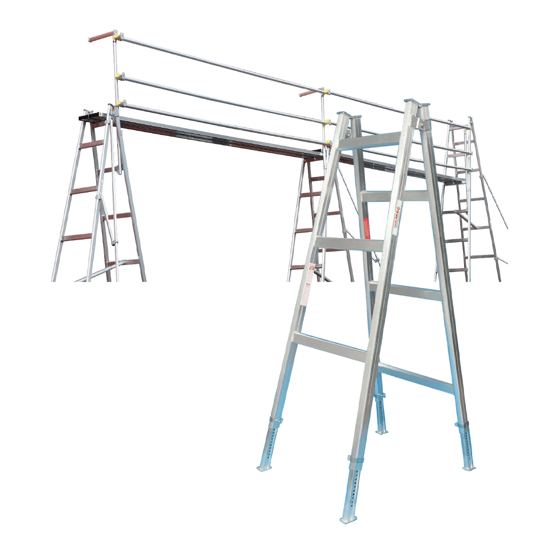 Scaffolding setup with two ladders and a platform frame, shown on a white background