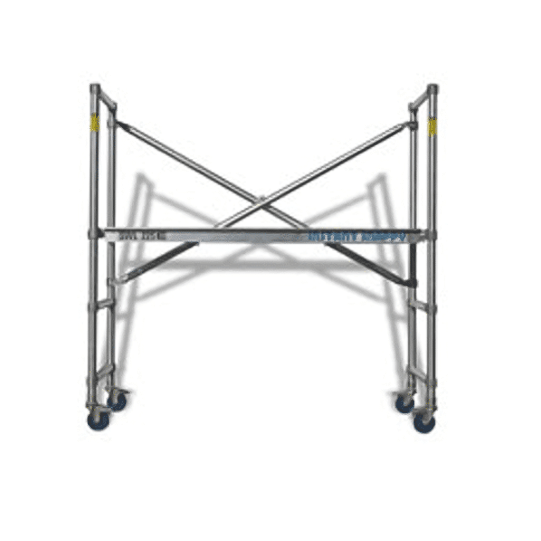 Metal scaffolding frame with four wheels and diagonal cross-braces on a white background