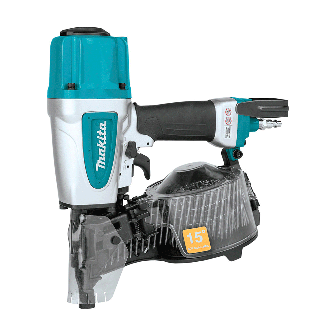 Teal and gray Makita cordless nail gun with 15-gauge nail magazine on white background