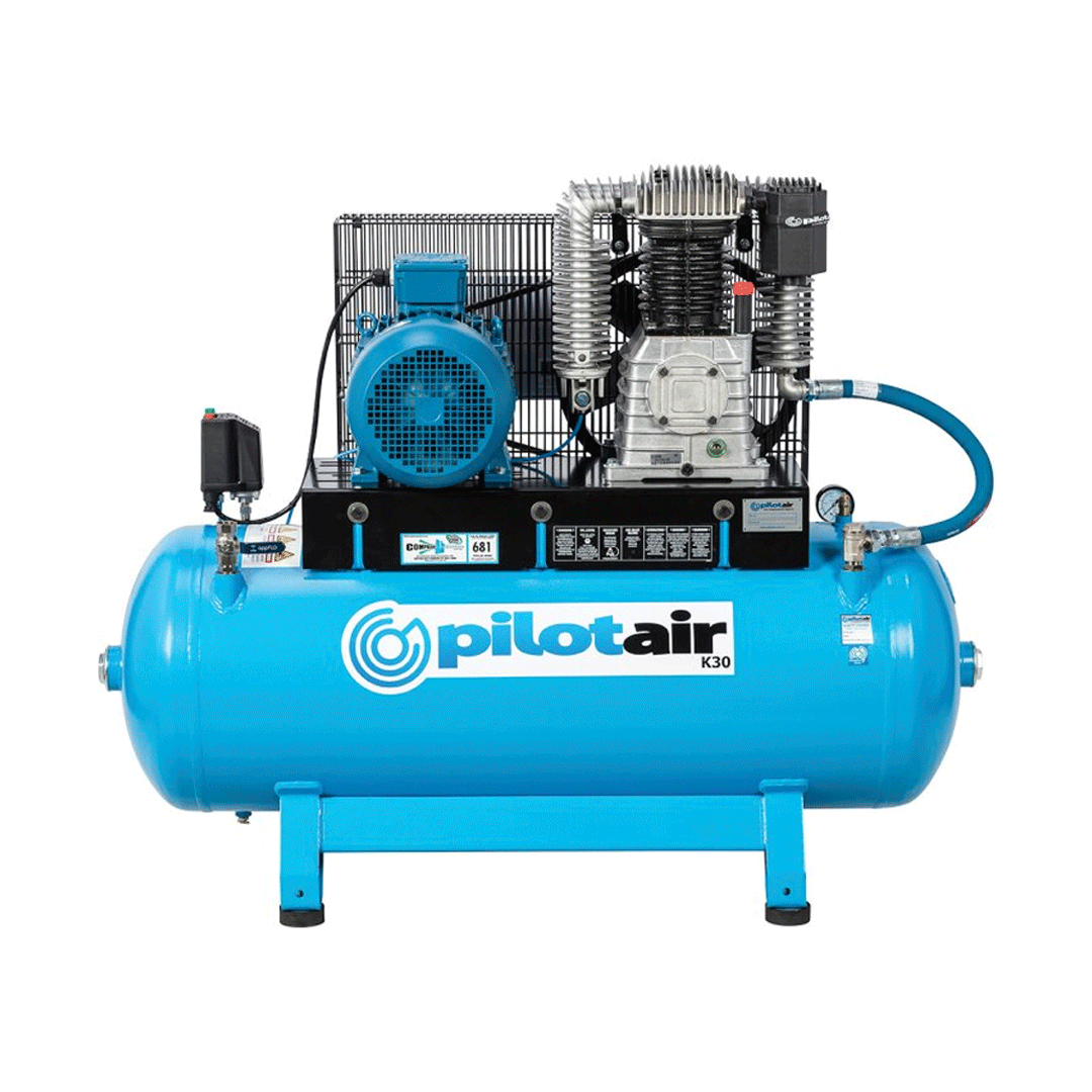 Blue Pilot Air industrial air compressor with tank and motor assembly on a white background