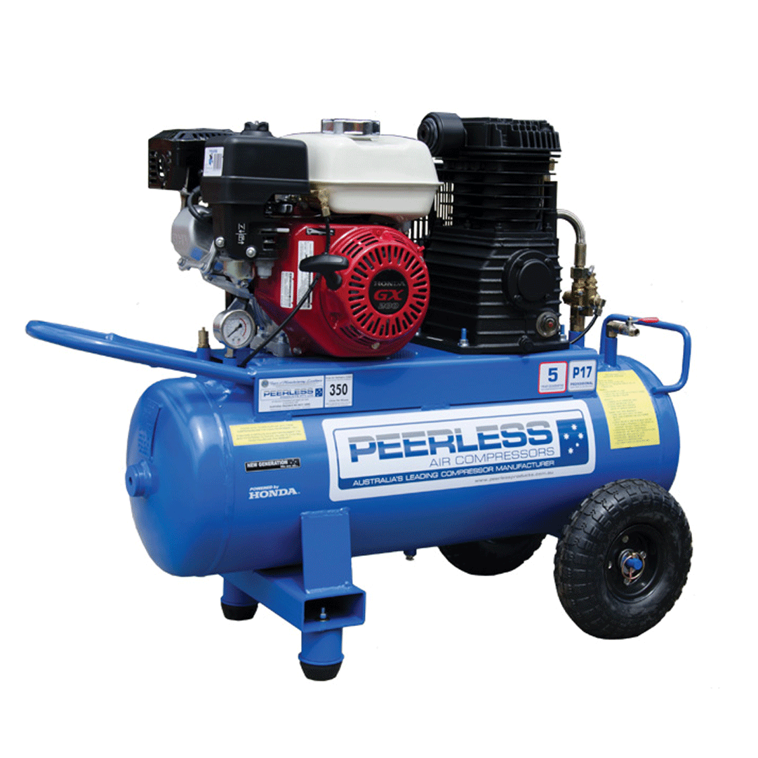 Blue Peerless air compressor with red engine and black tank on wheels, isolated on white background