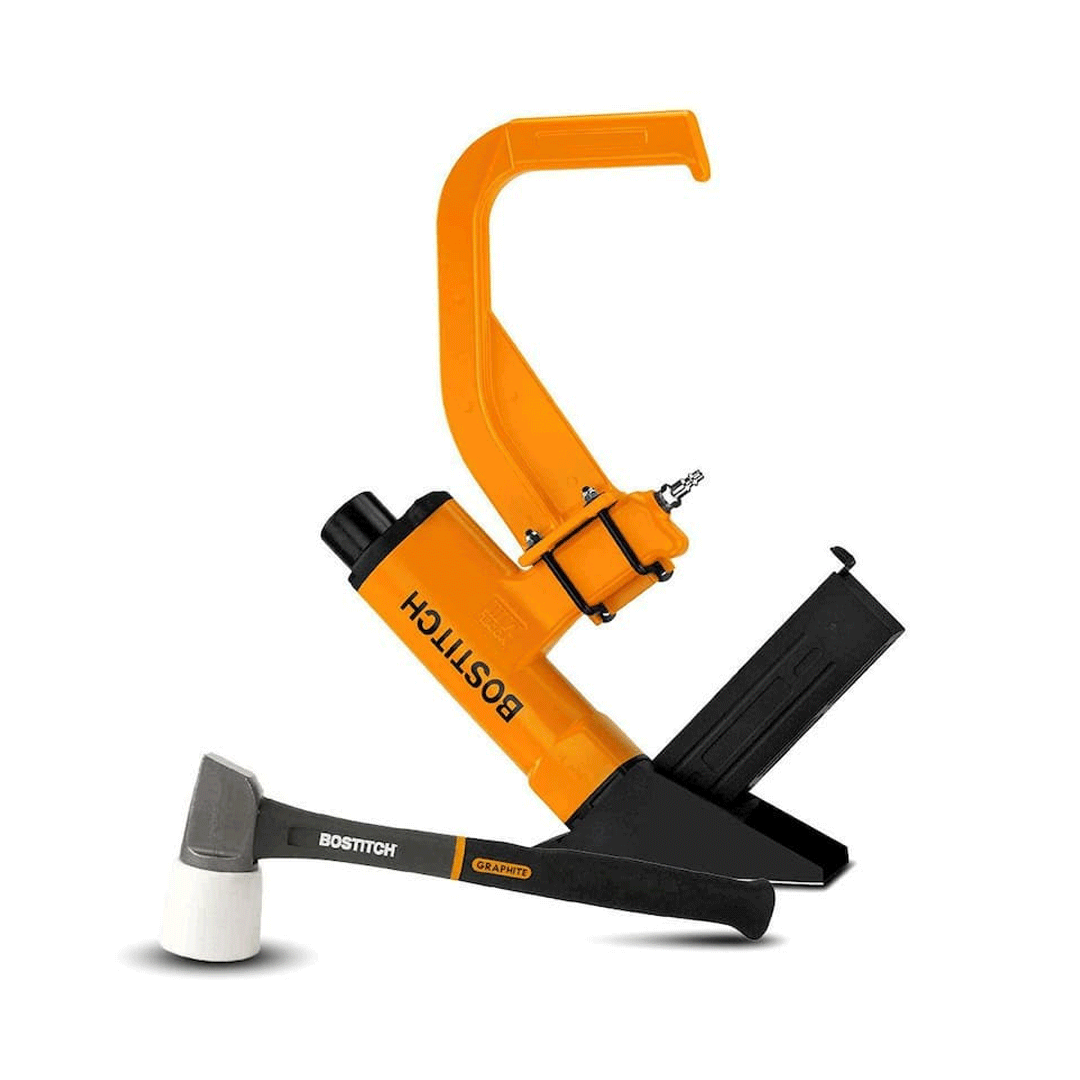 Orange and black clamp-on woodworking tool with a handle and pad, isolated on white background