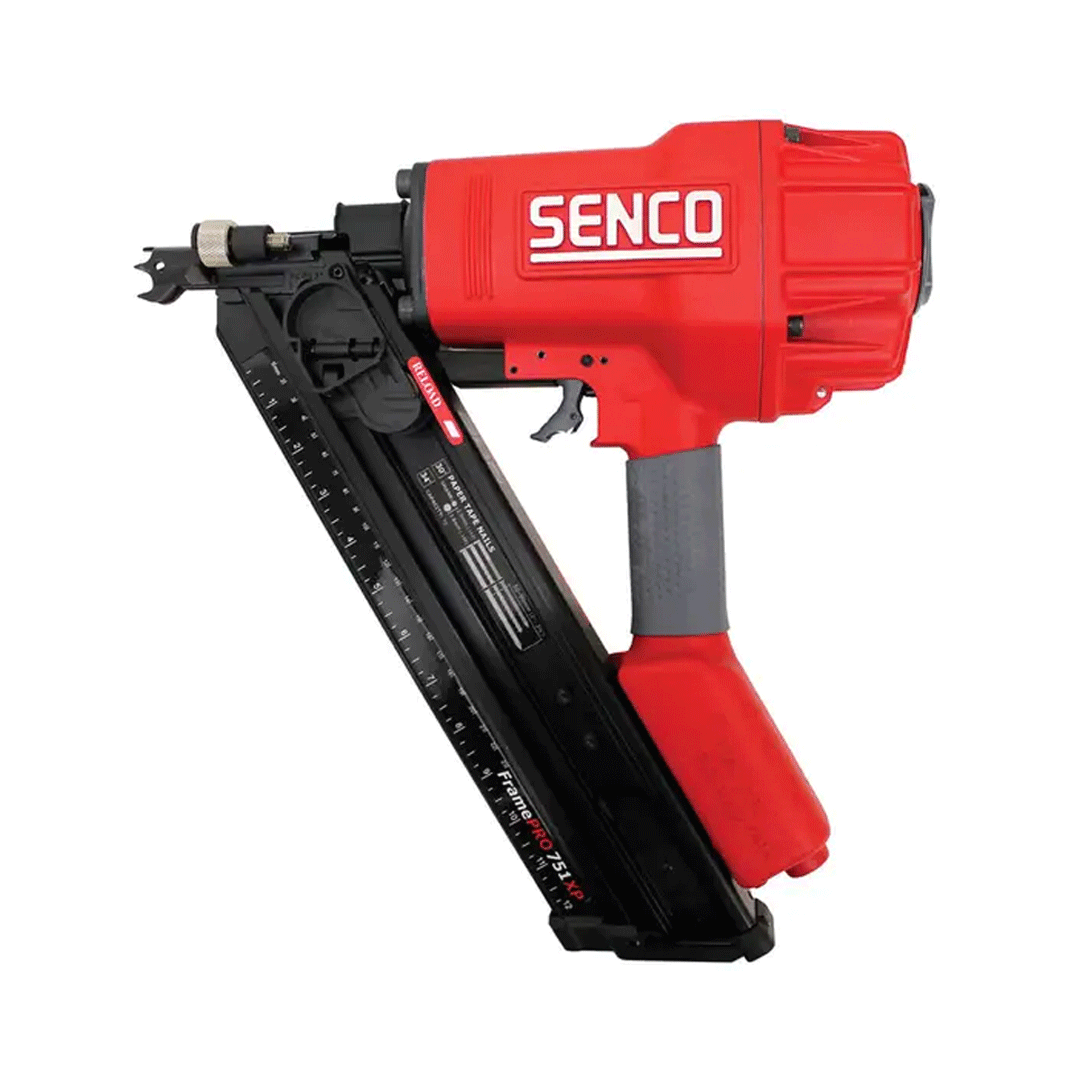 Red Senco pneumatic nail gun on a white background, angled left with black magazine.