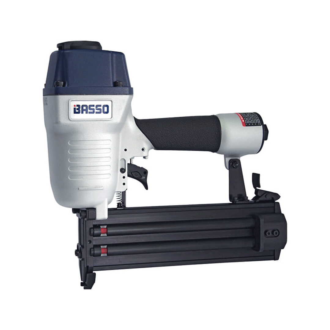 Pneumatic nail gun with black magazine and gray-blue body on white background