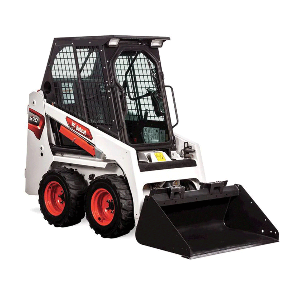 White and red skid steer loader with black bucket on a white background