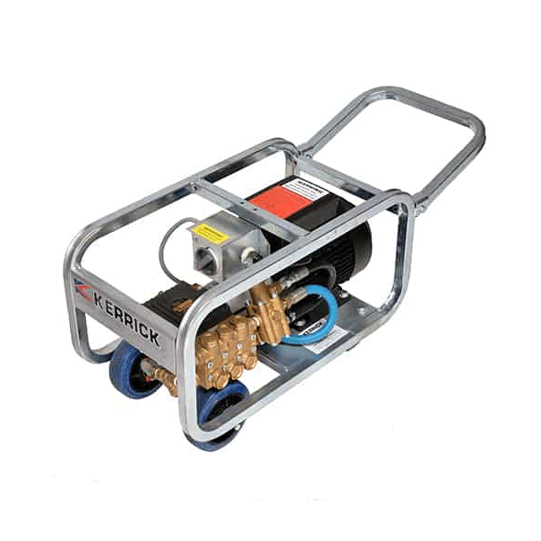 Compact industrial machine with a metal frame, visible motor, and blue and gold components on a white background
