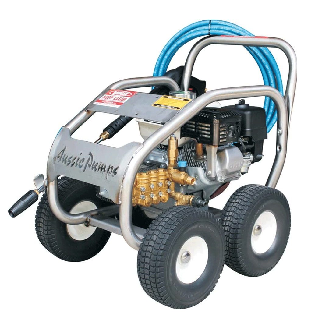 Compact pressure washer cart with metal frame, four wheels, engine, and blue hose reel