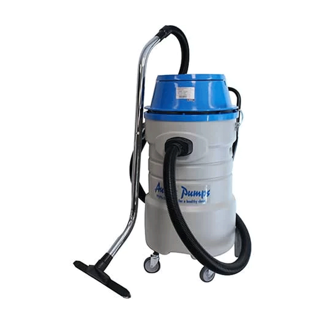 Blue and silver shop vacuum with hose and floor nozzle