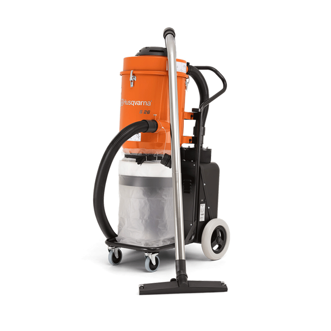 Orange and silver wet-dry vacuum with hose and floor nozzle on wheels