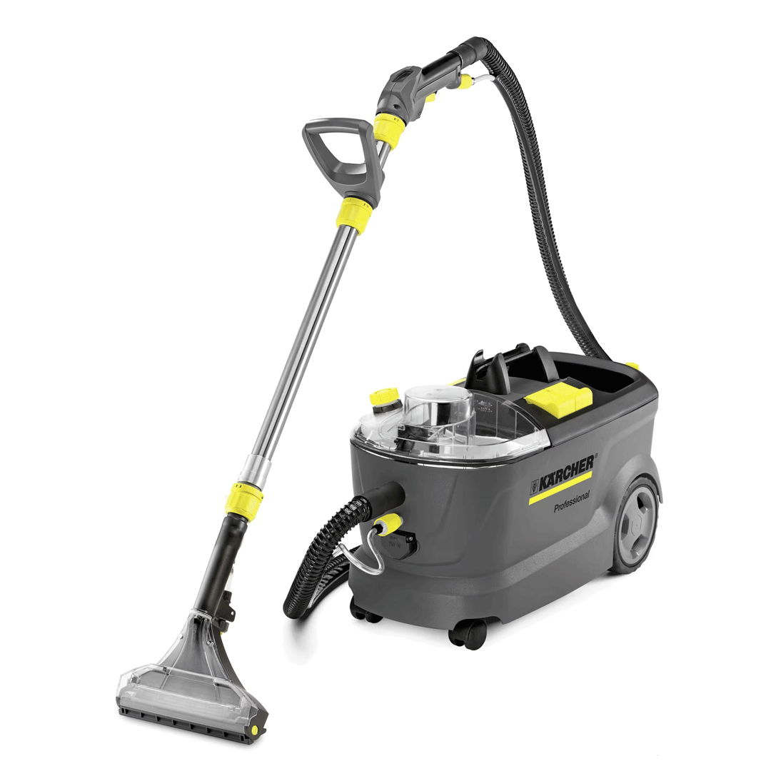 Yellow and gray carpet extractor with hose and floor nozzle on a white background