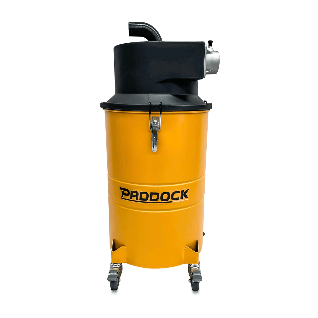 Yellow Proock industrial vacuum on wheels with black top and hose outlet