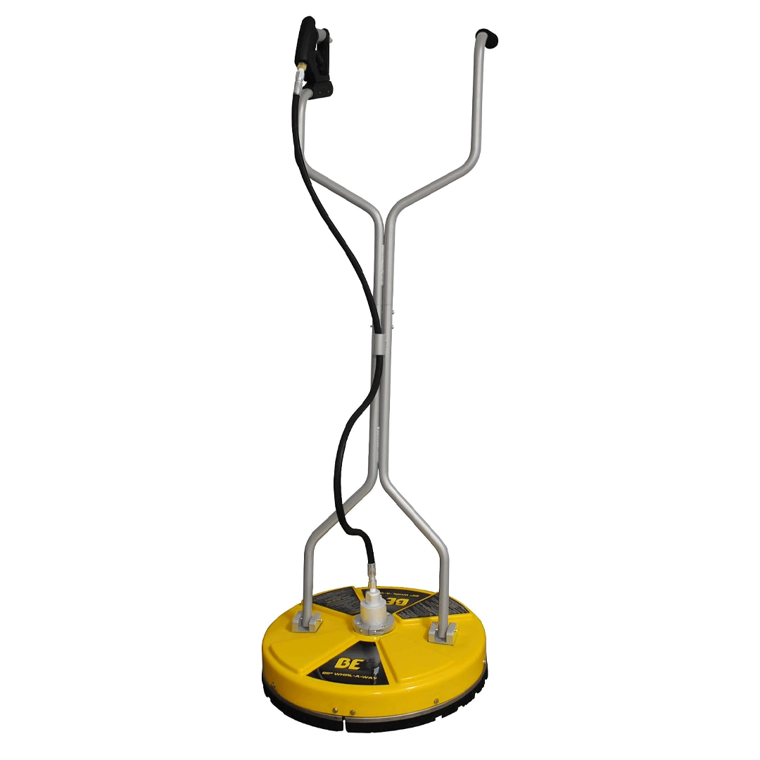 Yellow floor buffer with long metal handle and power cord on a white background