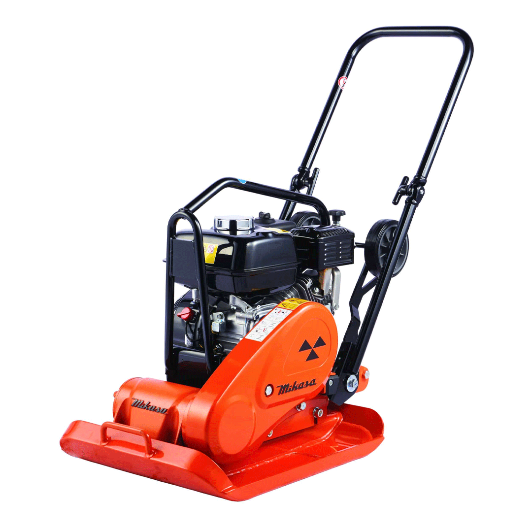 Orange plate compactor with black handle on a white background