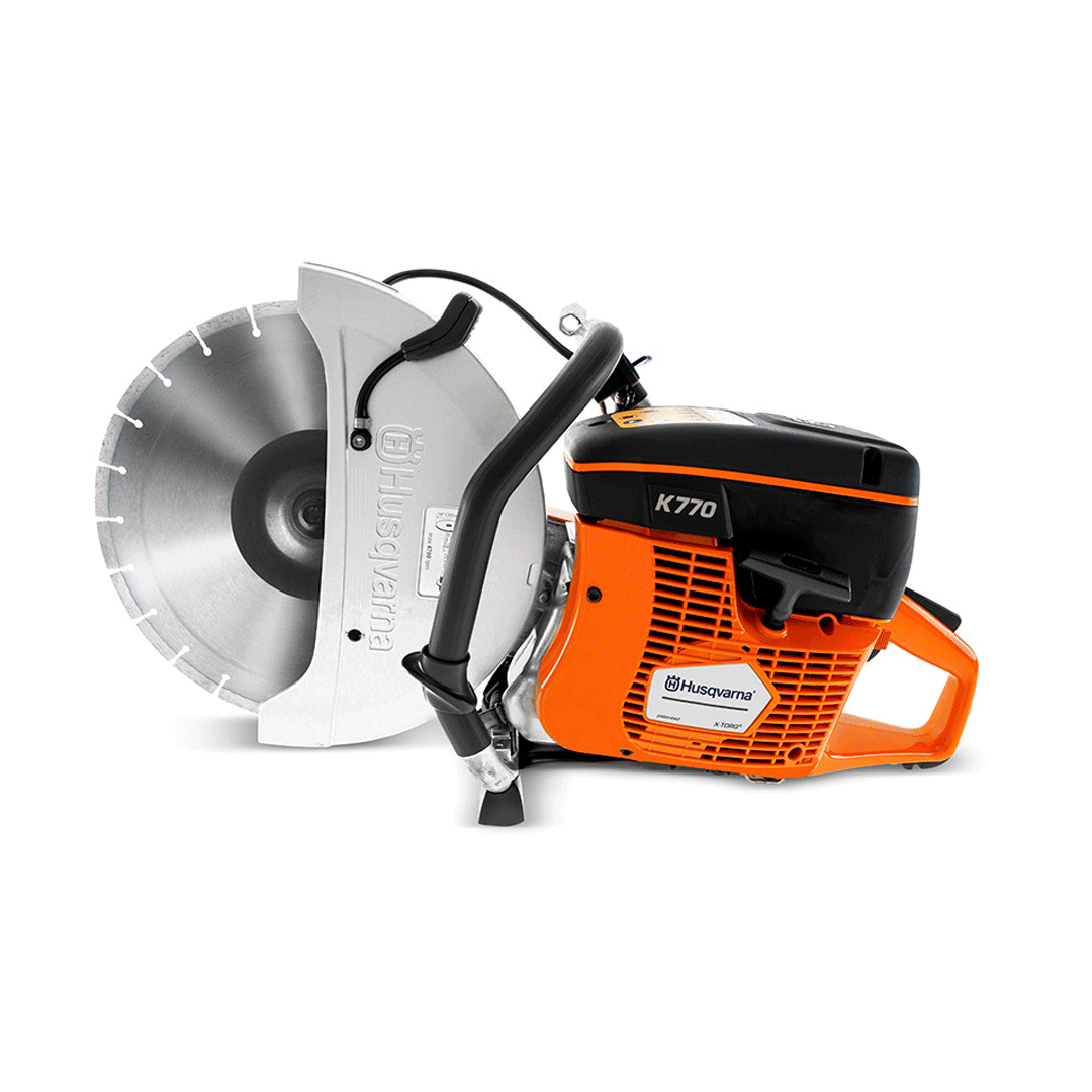 Orange and black cut-off saw with silver blade on white background