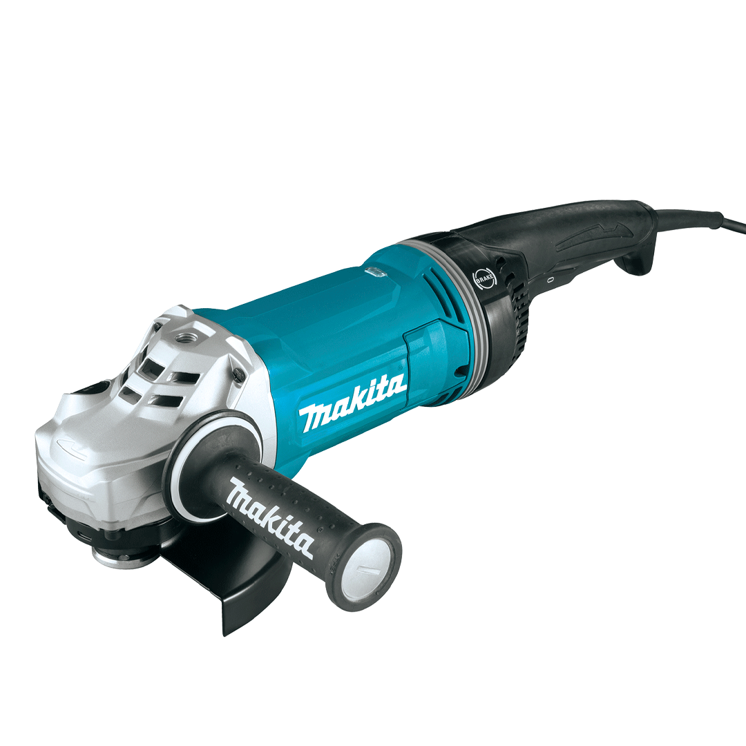 Blue Makita angle grinder with black side handle on a white background