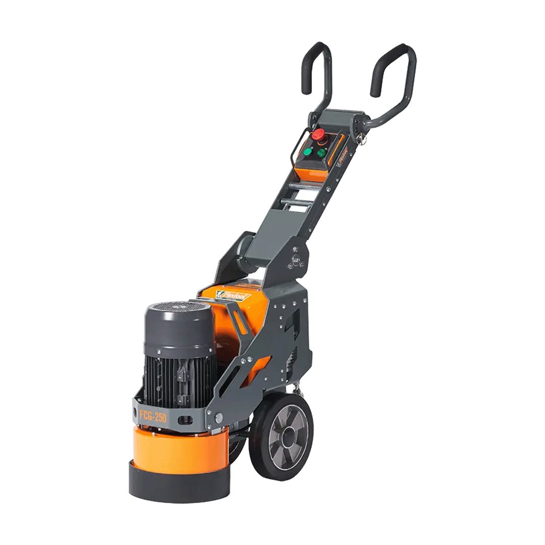Orange and black walk-behind floor grinder with twin handles and wheels