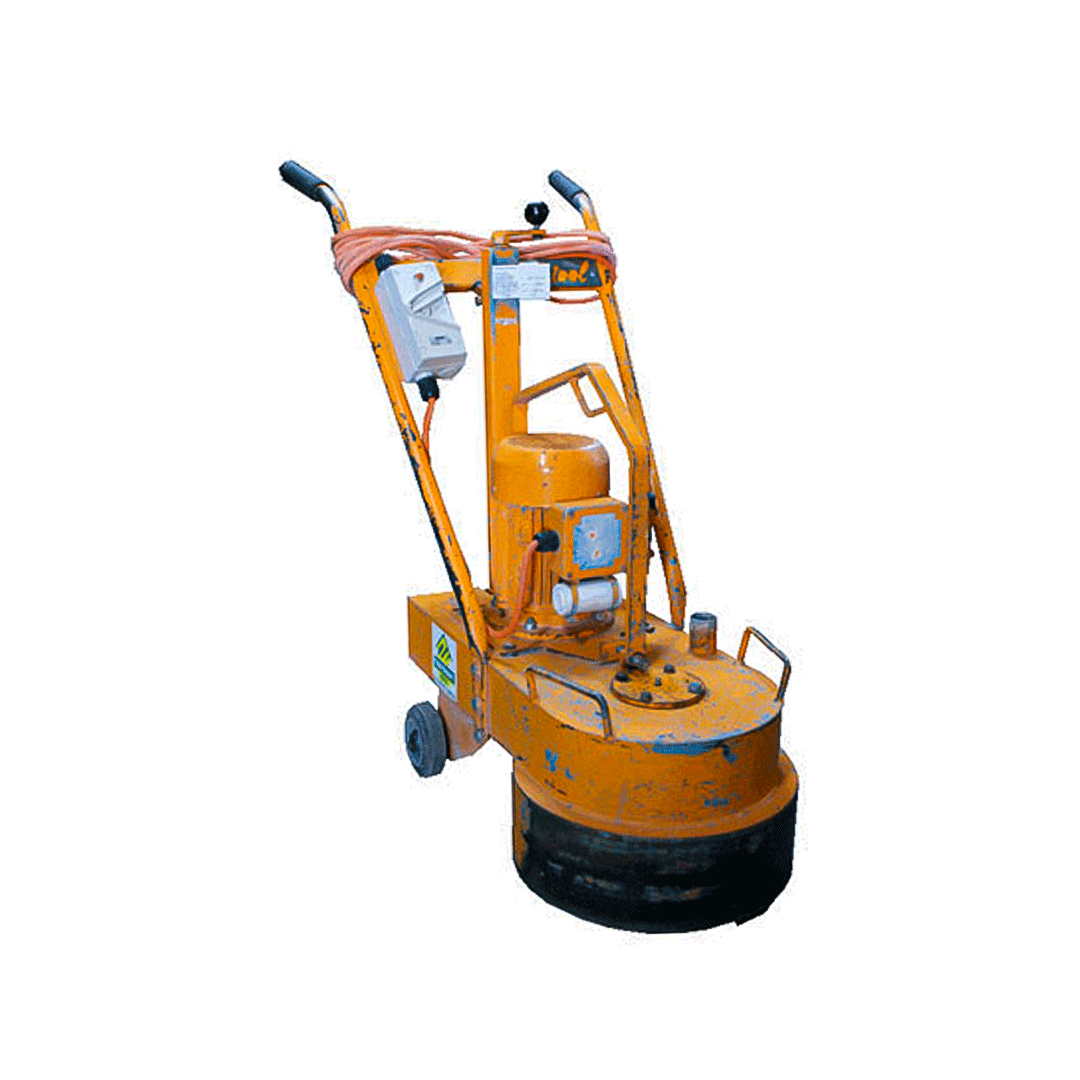 Orange industrial floor machine with black base and metal handles on a white background