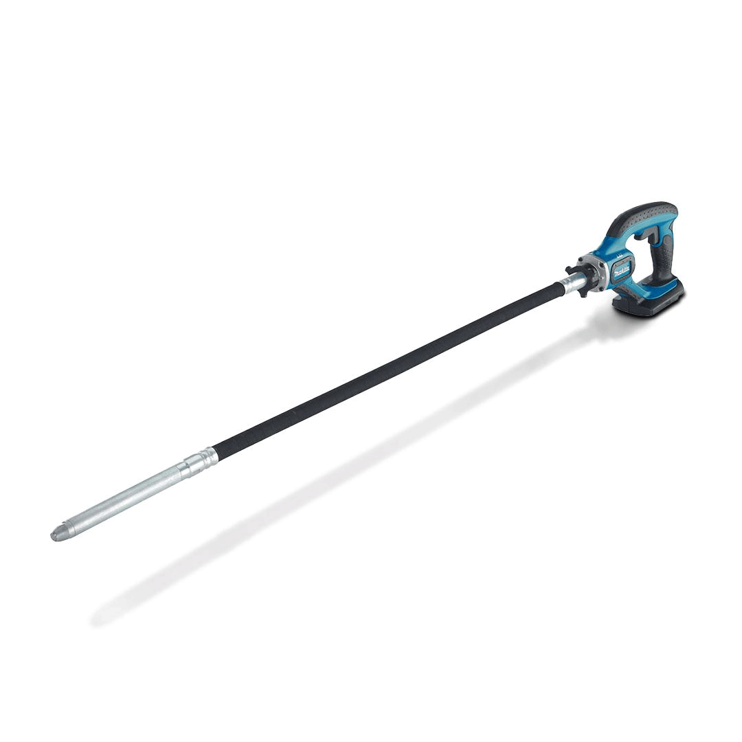 Cordless electric concrete vibrator with long black shaft and blue handle on white background
