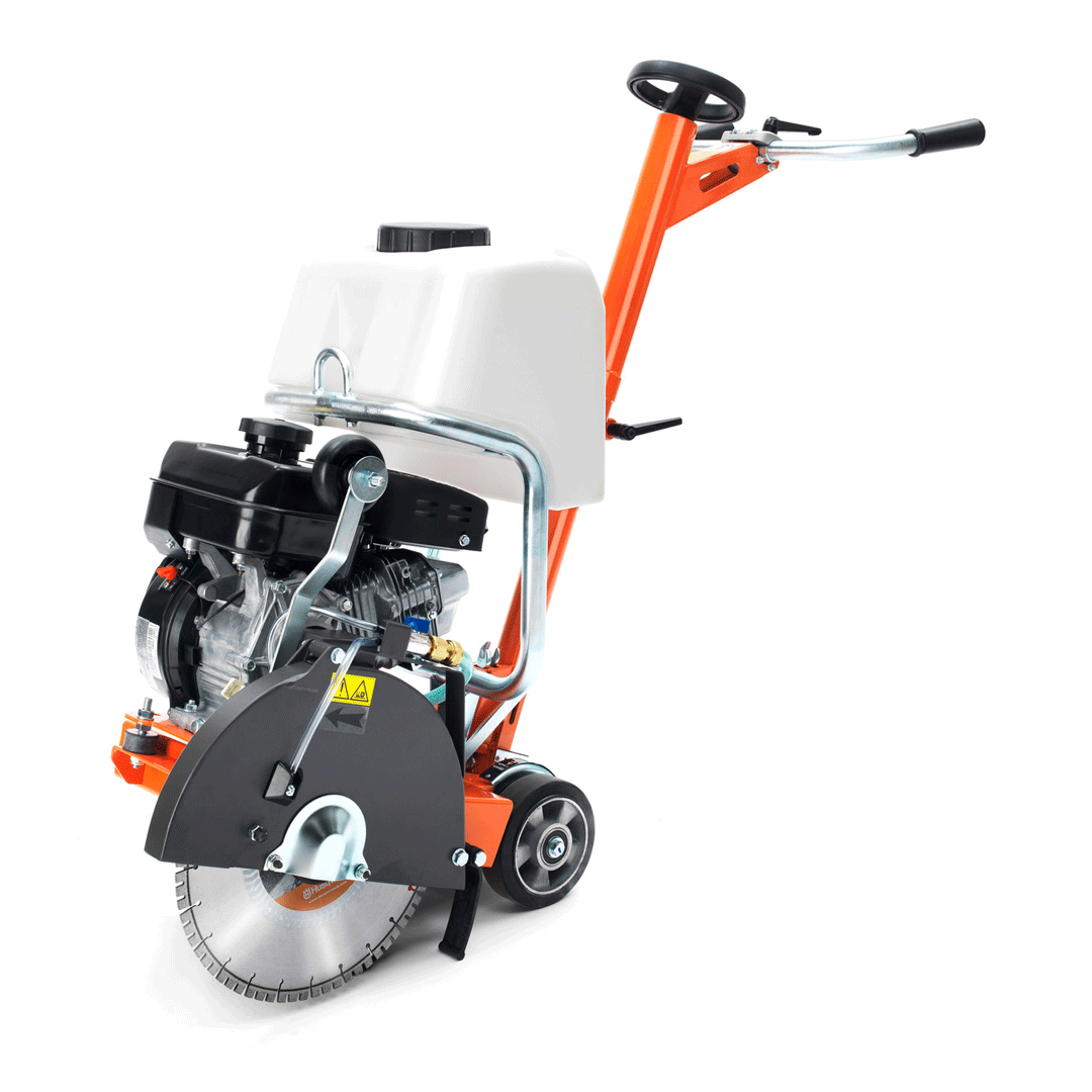 Walk-behind concrete saw with orange handle and white engine housing on a white background