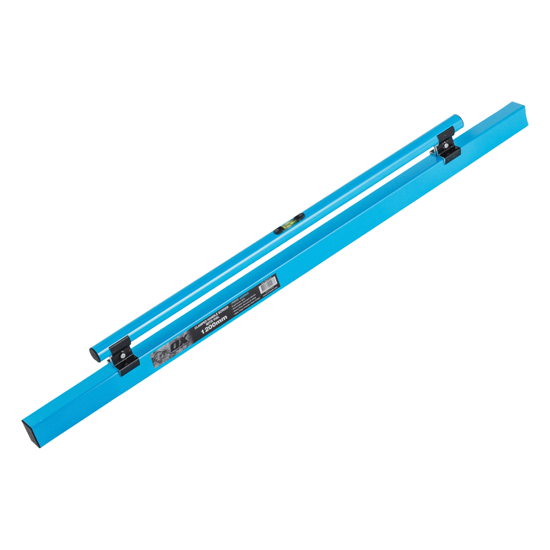 Blue linear rail with two black sliding clamps on a white background