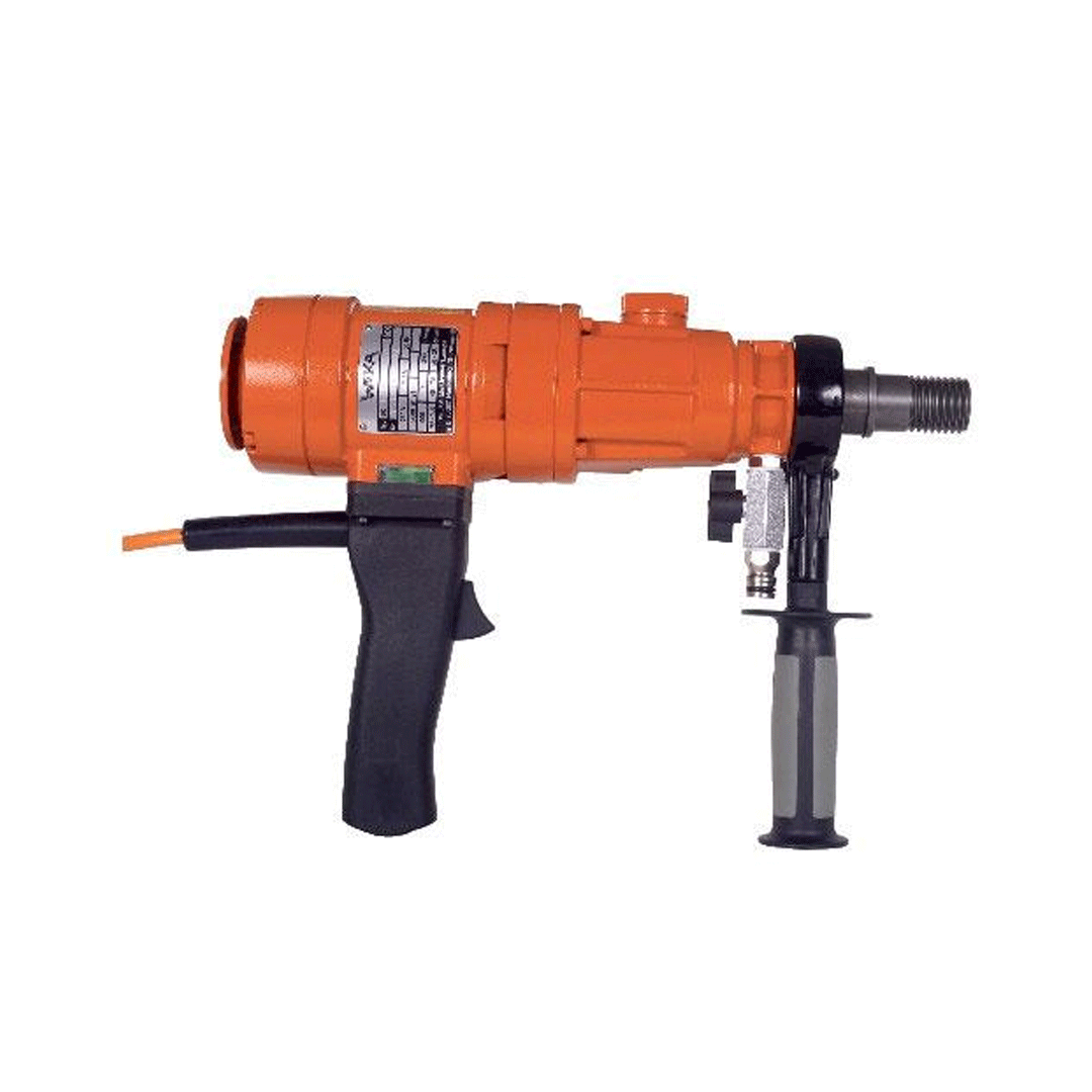 Orange handheld power tool with black grip and side handle, isolated on white background