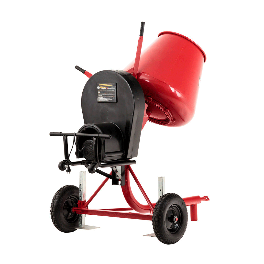 Red cement mixer on a wheeled stand, tilted with a black mixing drum and handle.