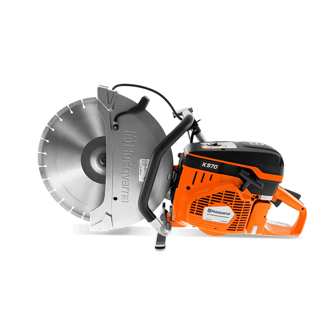 Orange and gray concrete cutoff saw with large circular blade on white background