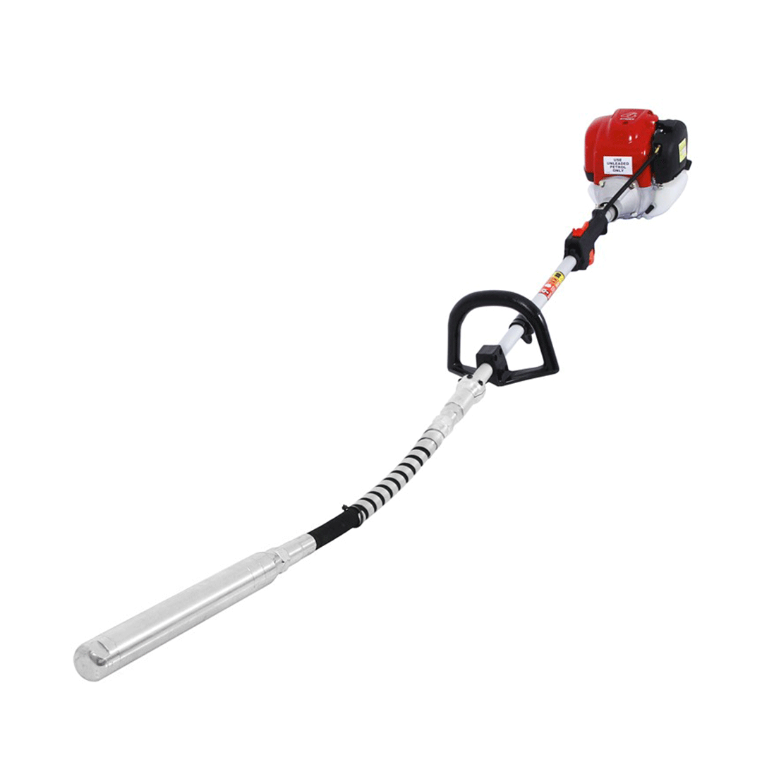 Gas-powered string trimmer with red engine and silver cutting shaft on a white background