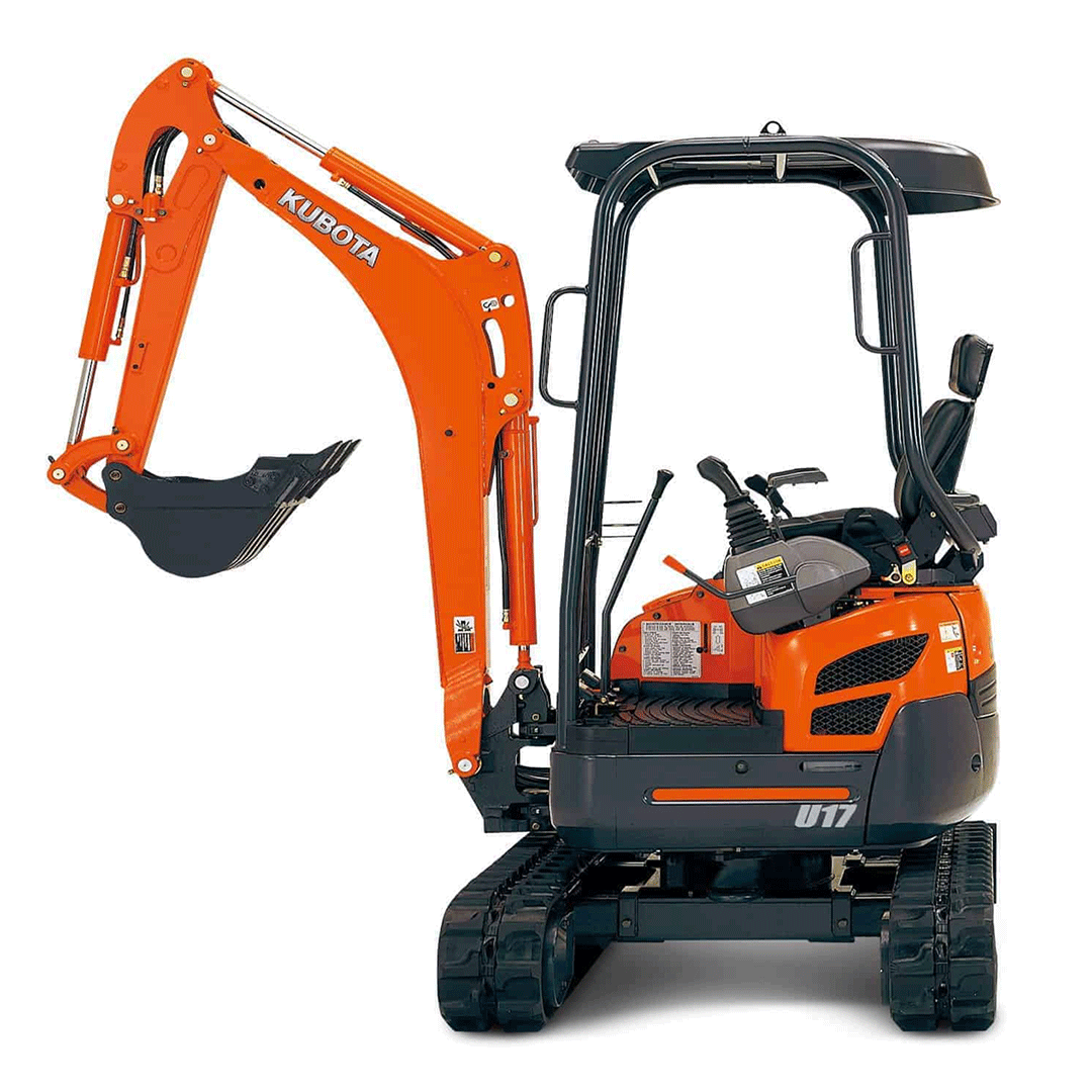 Orange mini excavator with black tracks and bucket, isolated on a white background