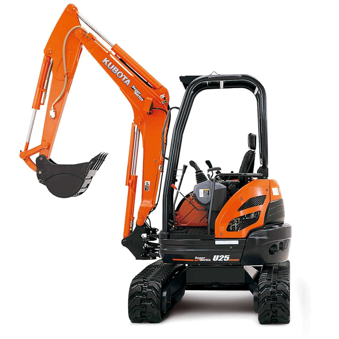 Orange mini excavator with black tracks and bucket, isolated on a white background