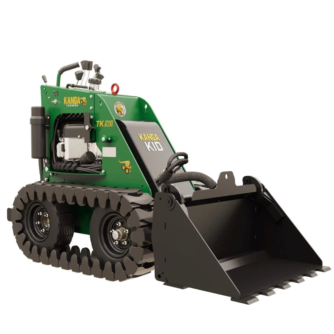 Green compact track loader with a front bucket on a white background