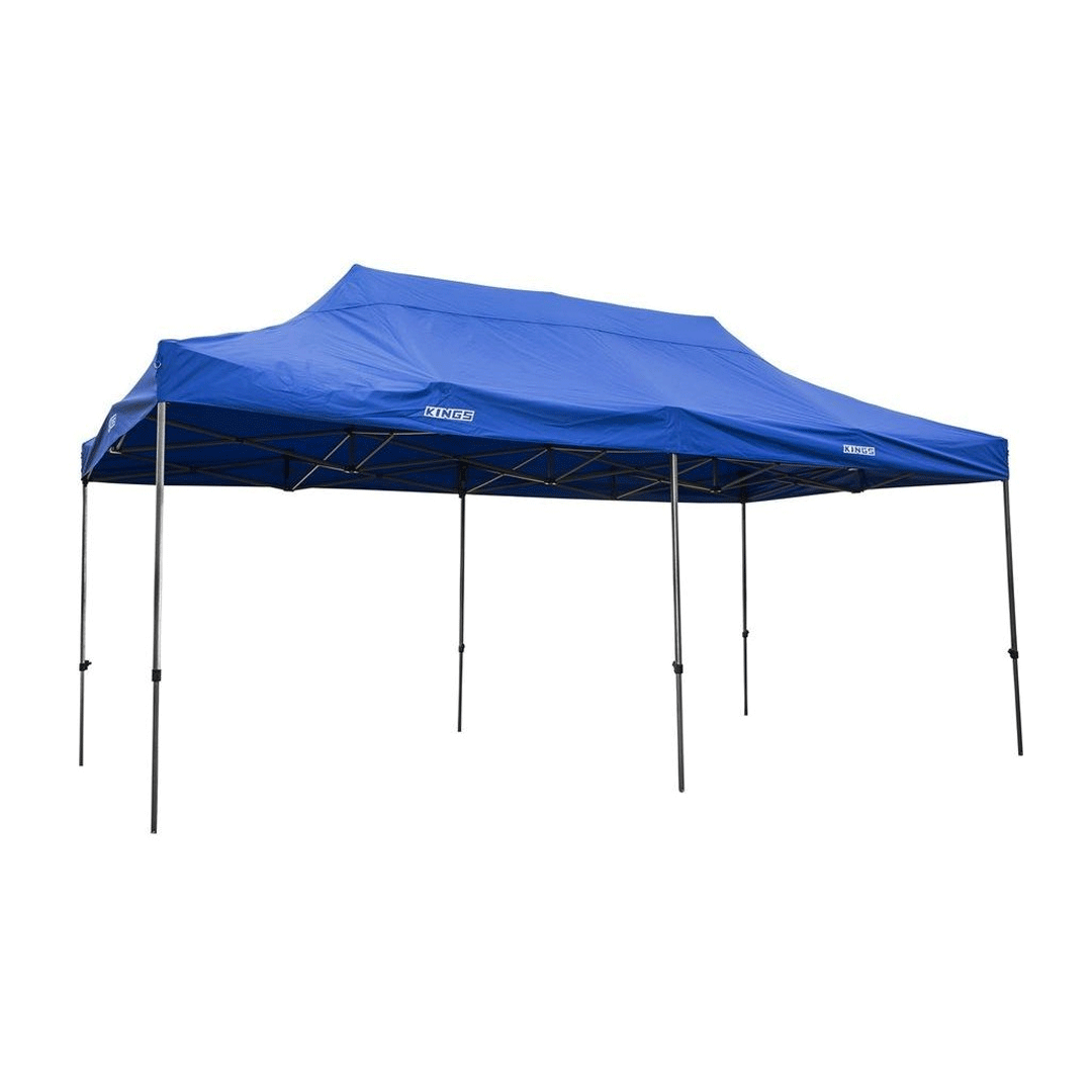 Blue pop-up canopy tent with four legs, isolated on white background