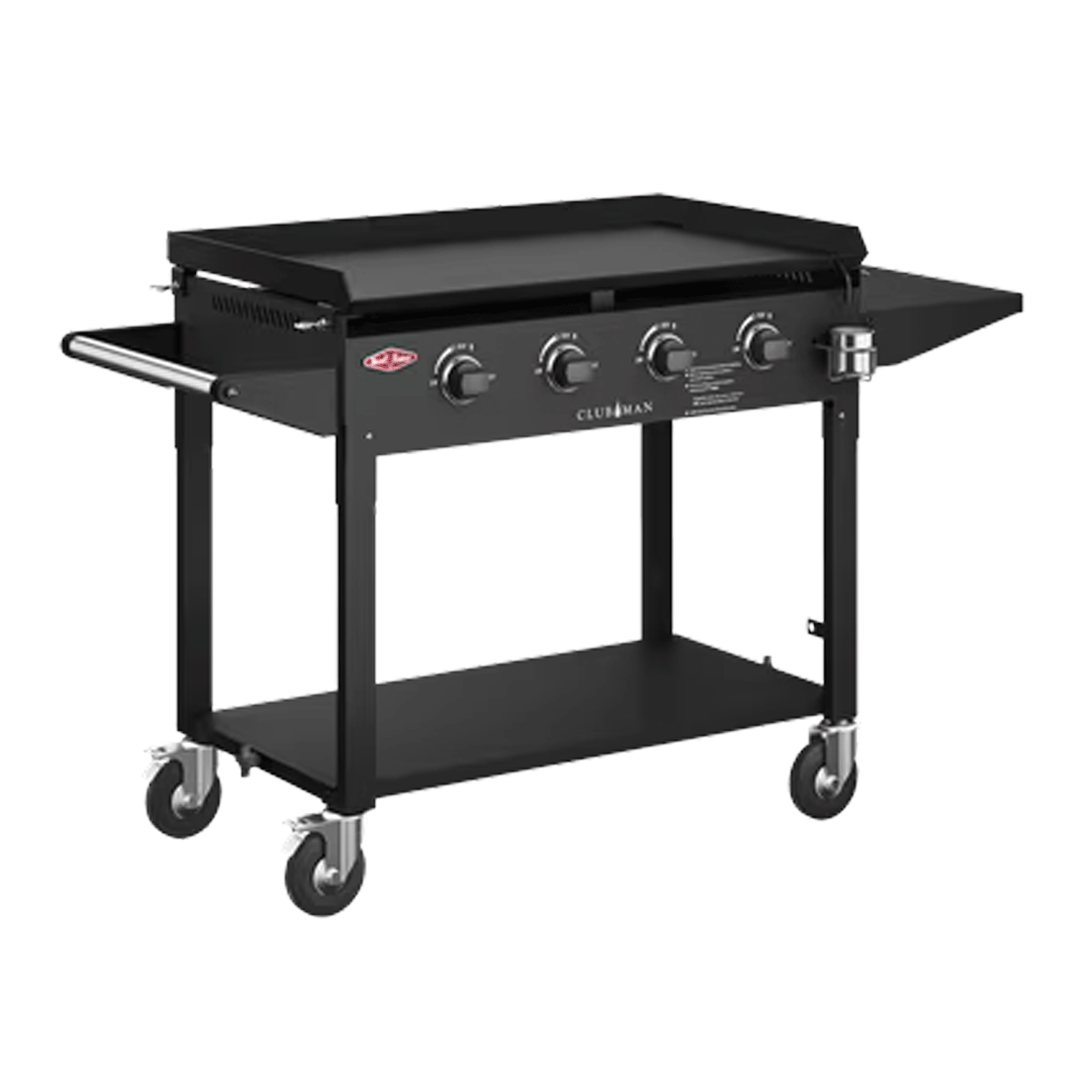 Black 4-burner flat-top gas griddle on a wheeled cart with side shelves and lower storage shelf