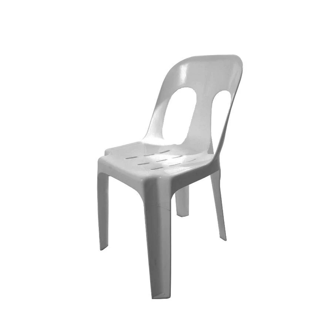 White plastic chair with two oval backrest cutouts, isolated on a white background