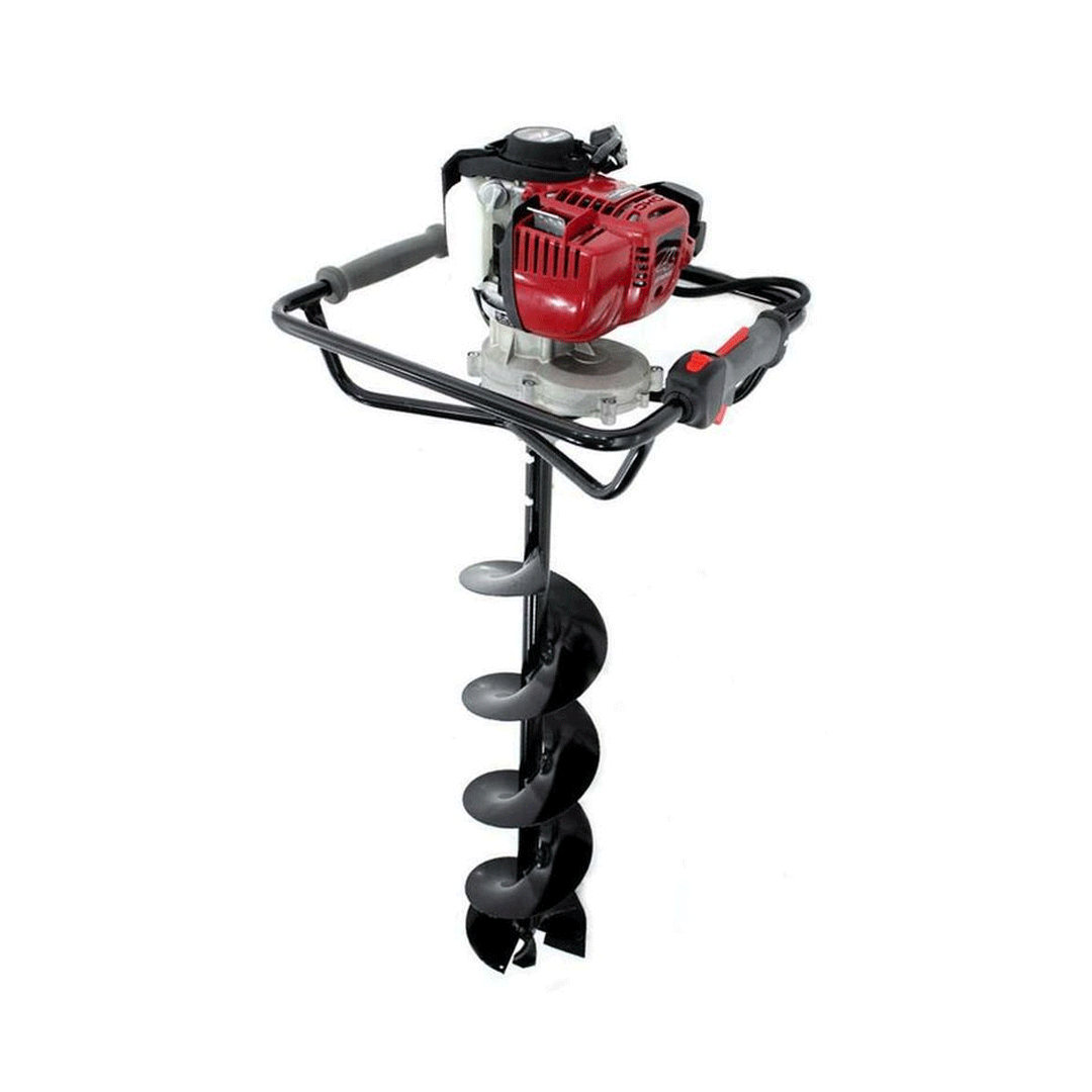 Gas-powered earth auger with black drill bit and red engine on a white background